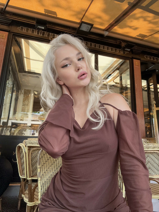 Paris, elegant, street cafe, fashion, brown dress, feminine, romantic, lifestyle, blonde model, bistro, natural light.